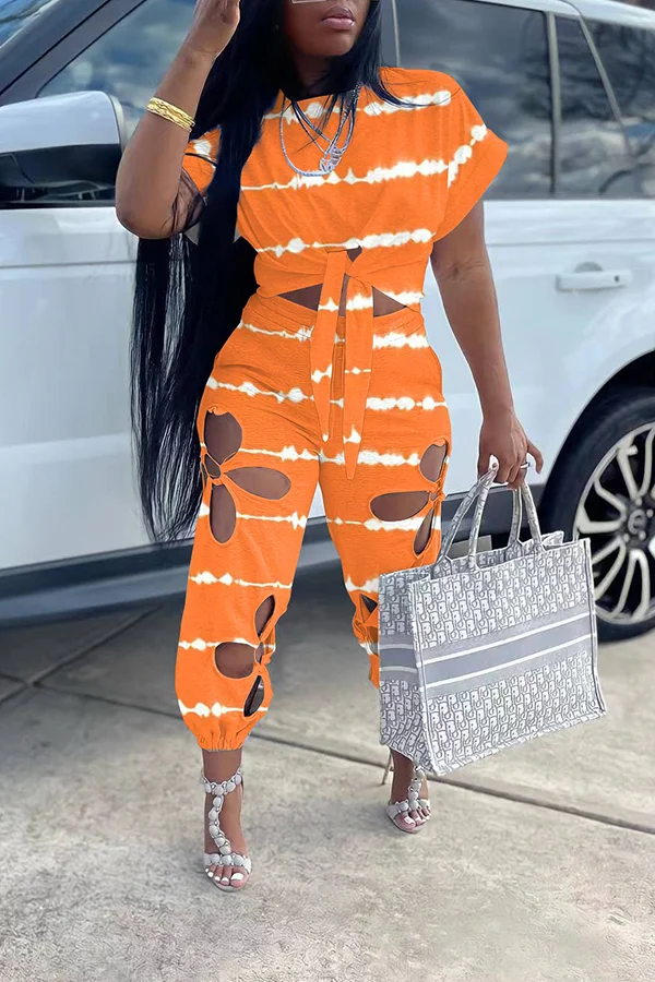 Print Flower Shape Cutouts Pants Set