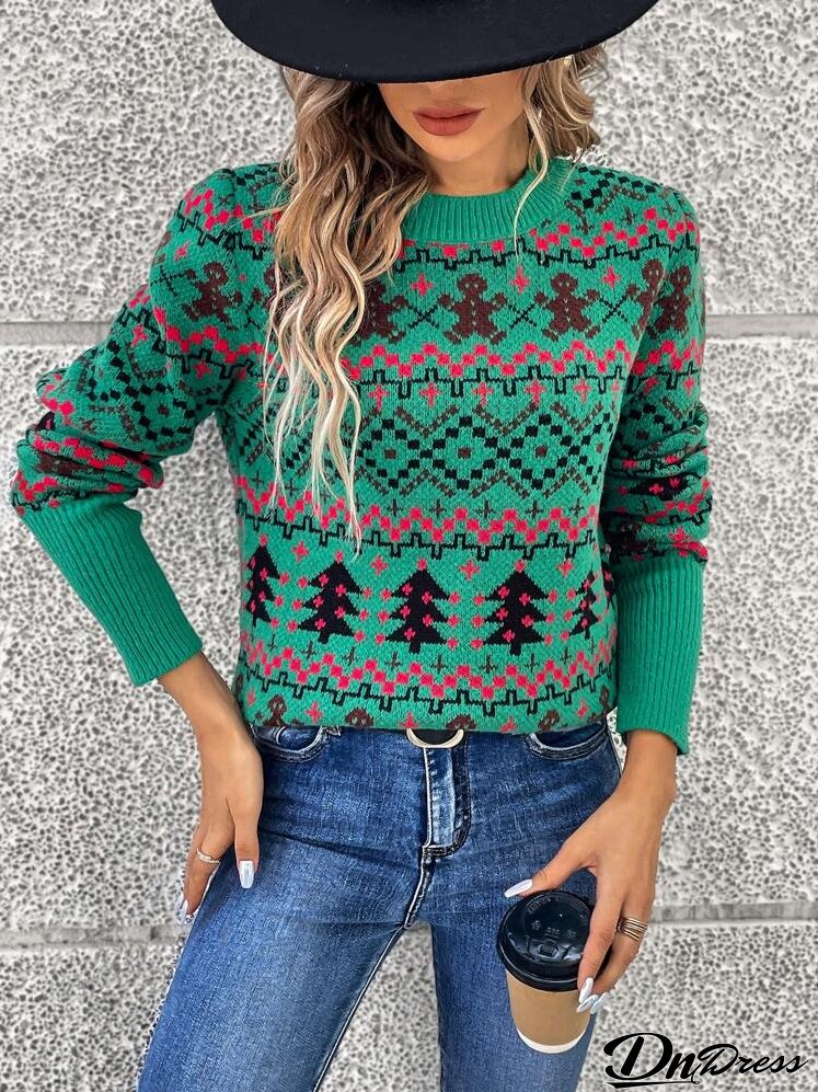 Women's Christmas Tree & Gingerbread Man Pattern Sweater