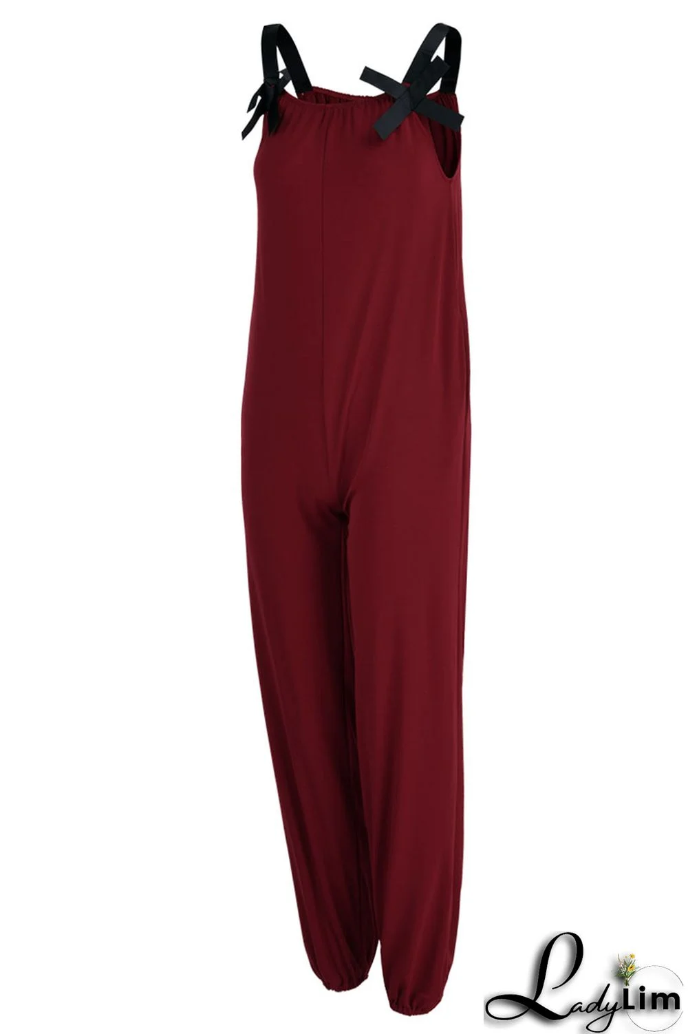 Burgundy Casual Solid Split Joint Spaghetti Strap Loose Jumpsuits