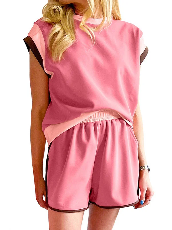 Contrast Color Elasticity Loose Short Sleeves Round-Neck T-shirt + Shorts Two Pieces Set