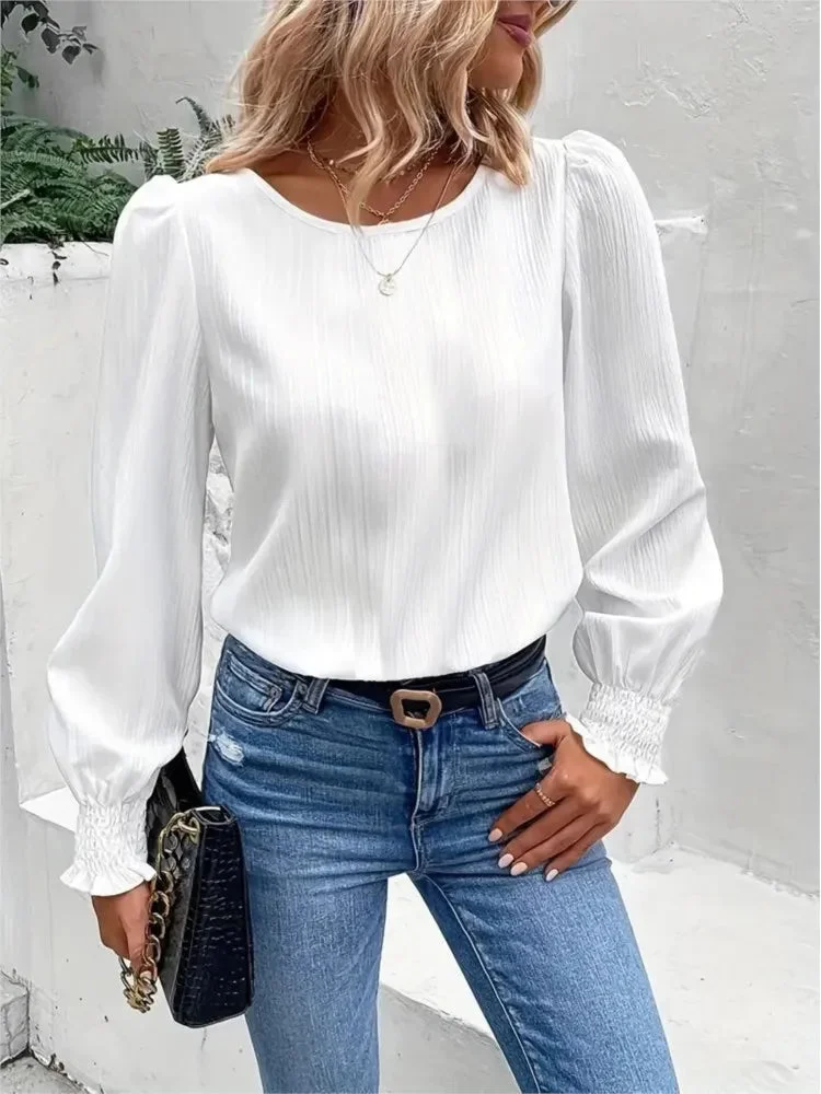 Huiketi Simple Long Sleeve White Women's Blouses Fashion O-neck Loose Black Elegant Office Lady Shirt Tops Casual Femmal Clothing