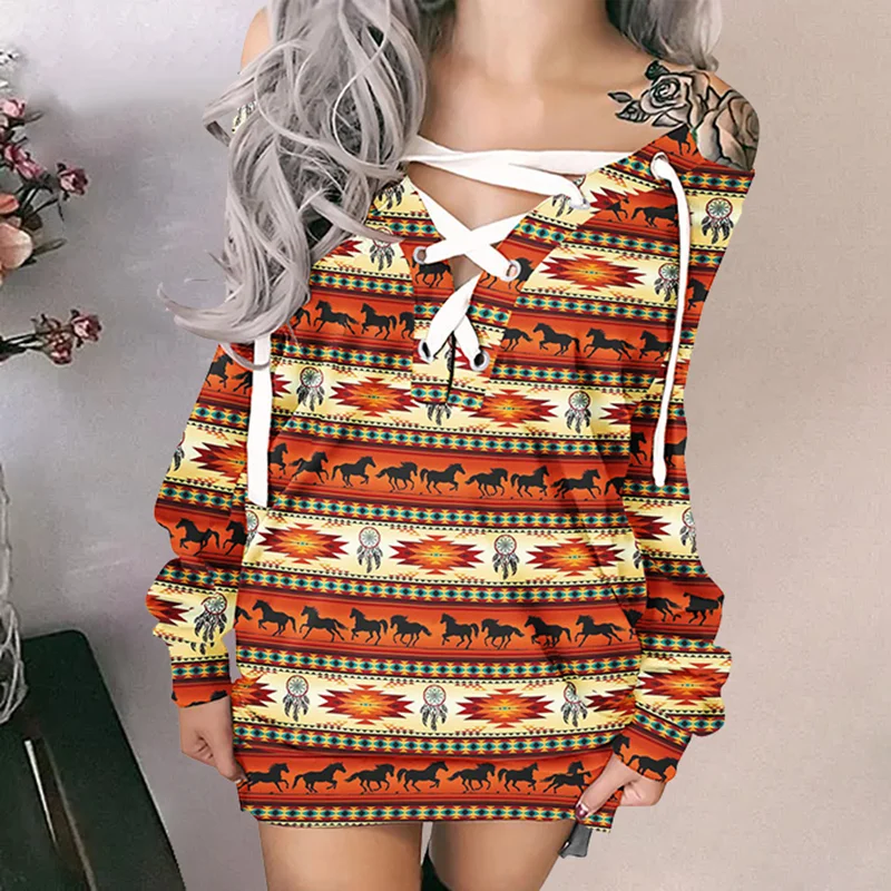 Western Print Off Shoulder Casual Sweatshirt Mini Dress