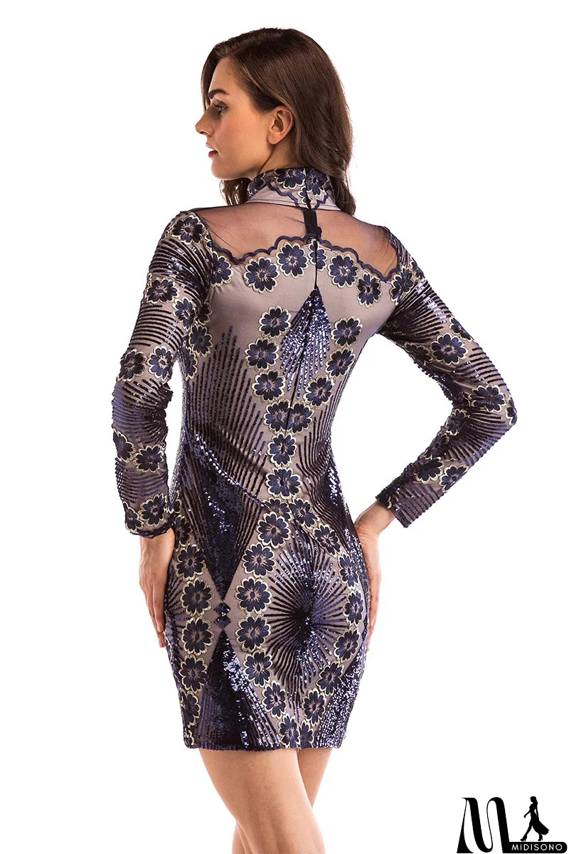 MidiSono - Dark Navy Embroidered Sequined Bodycon Dress With Long Sleeves