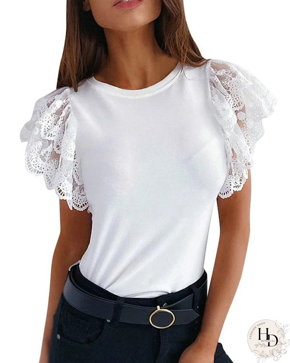 Lace Flounce Sleeve Black and White Solid T-shirts