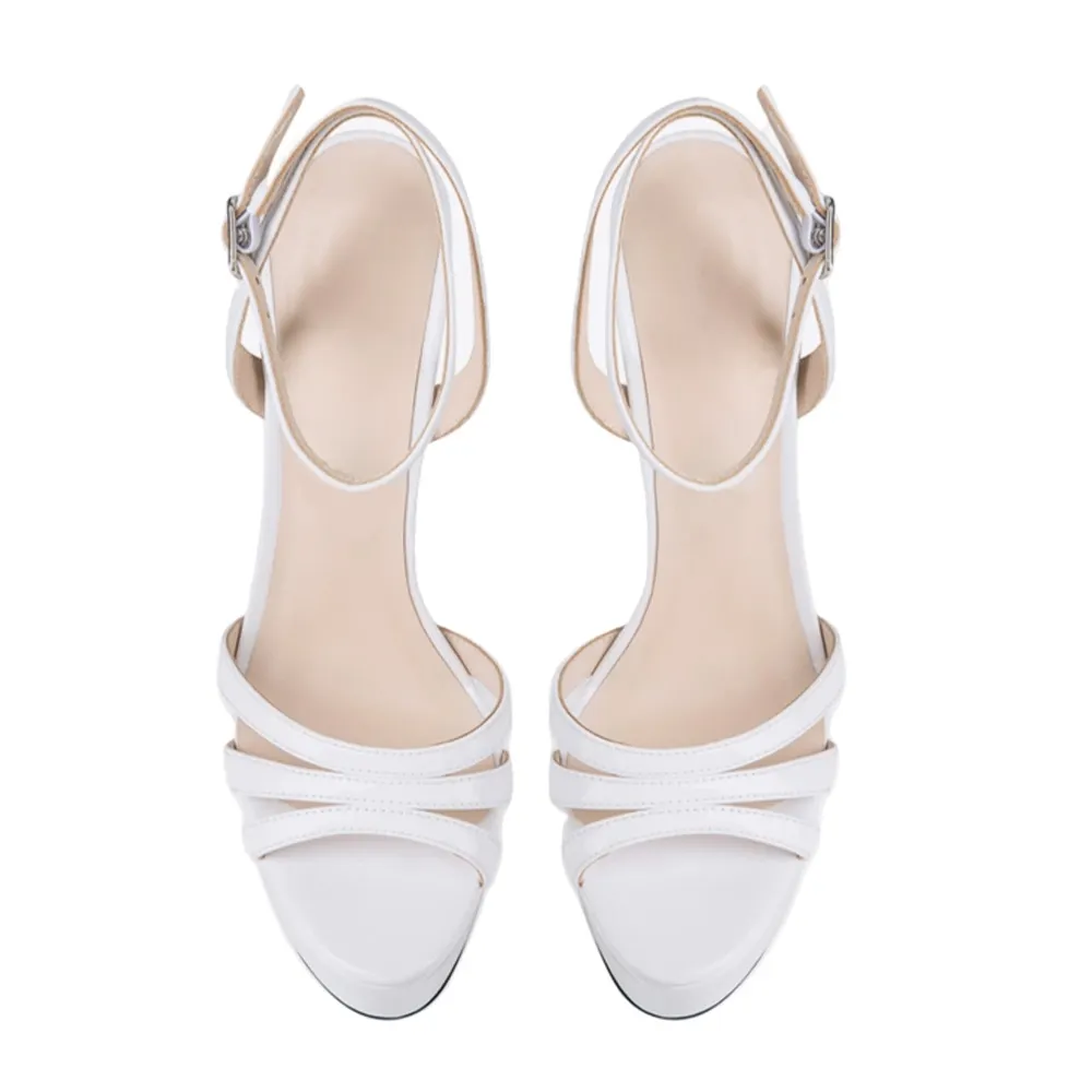White Faux Leather 6 Inch Heel Ankle Strap Sandals with Buckle