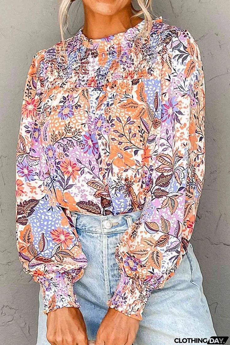 Printed Long Sleeve Round Neck Blouse