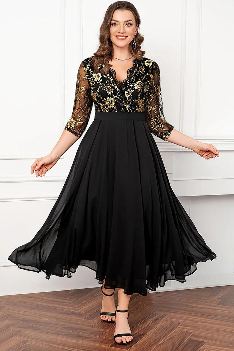 Flycurvy Plus Size Formal Black Lace Stitching Sparkly Print V Neck Tunic Tea-Length Dress  Flycurvy [product_label]