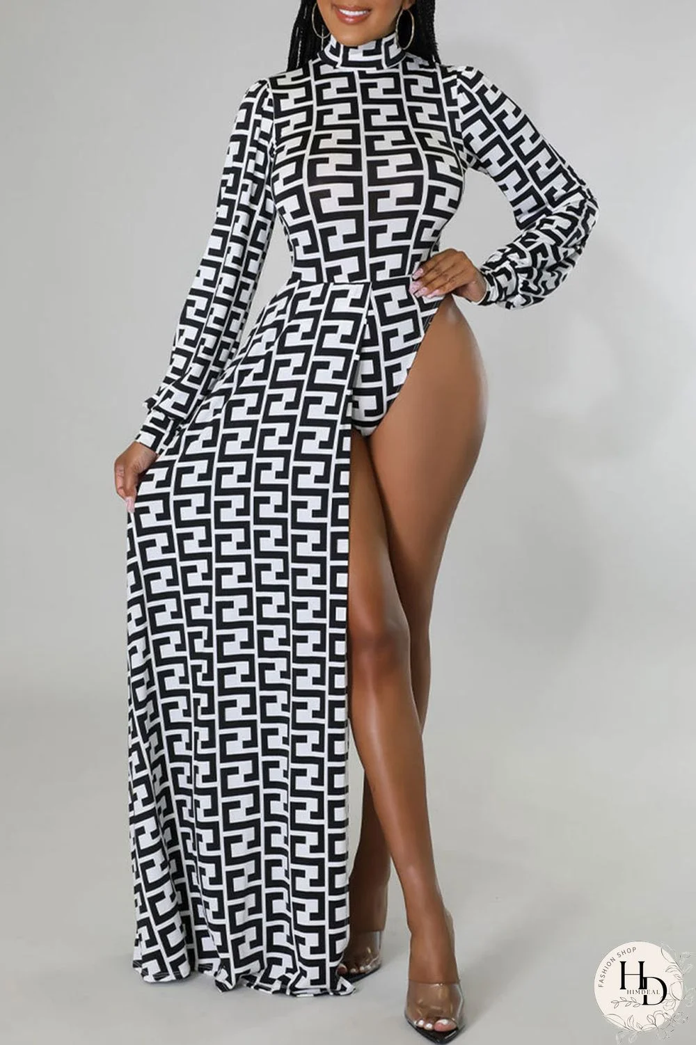 Black And White Casual Print Asymmetrical Half A Turtleneck Long Sleeve Two Pieces