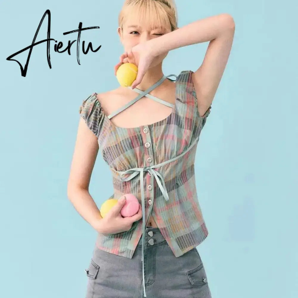Aiertu Vintage Contrast Color Y2k Aesthetic Plaid Shirt Fashion  Bandage Bow Slim Blouse Streetwear Grunge Blusas Aiertu