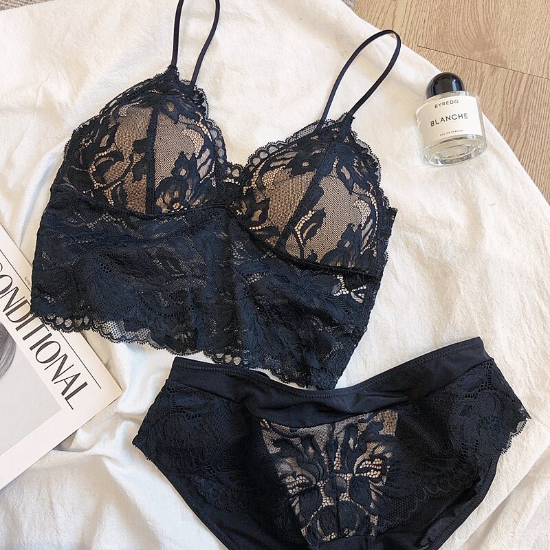 Sexy lingerie sets perspective lace bralette inside bra without steel ring triangle cup thin gathered suspenders underwear set