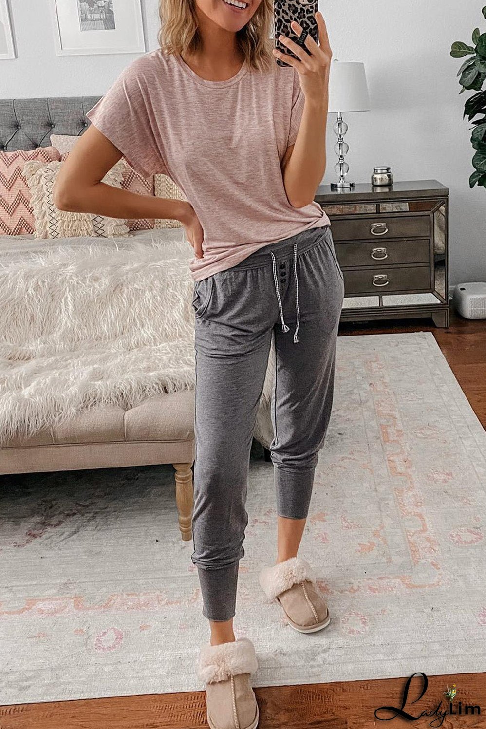 Gray Buttoned Drawstring High Waist Jogger Pants
