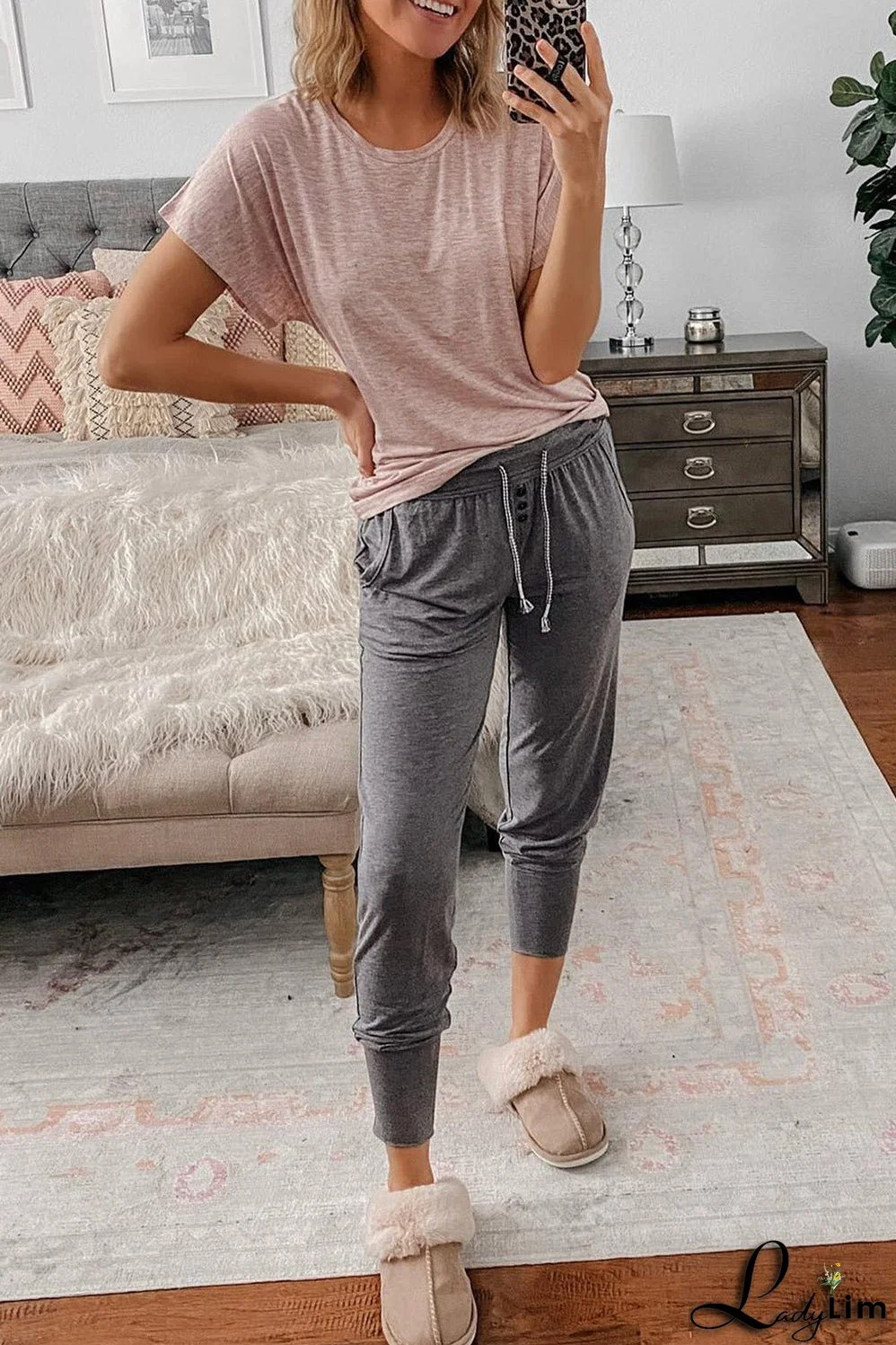 Gray Buttoned Drawstring High Waist Jogger Pants