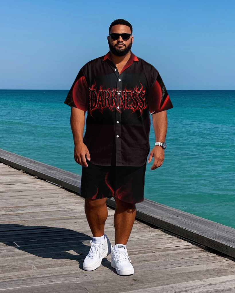 Big Men's DARKNESS Lettering Fire Effect Streetwear Short-Sleeve Shirt and Shorts Set