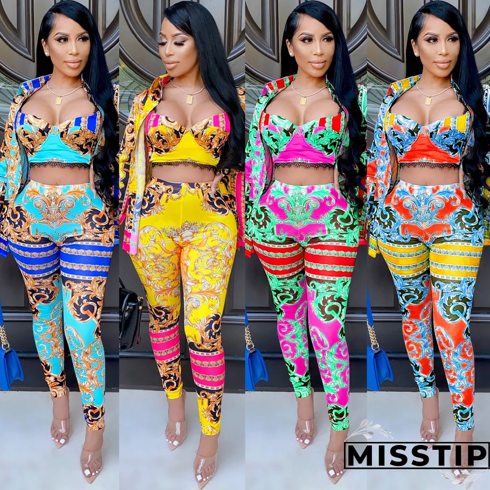 Women Printed Tank Top+Jacket Skinny Pants 3 Pieces