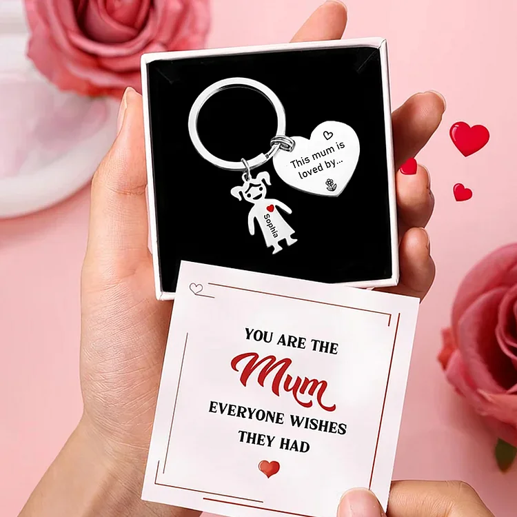 1 Name Personalized Kid Charm Keychain Heart Shaped Tag This Mum is loved by Engrave Special Gift Set With Gift Box For Mother