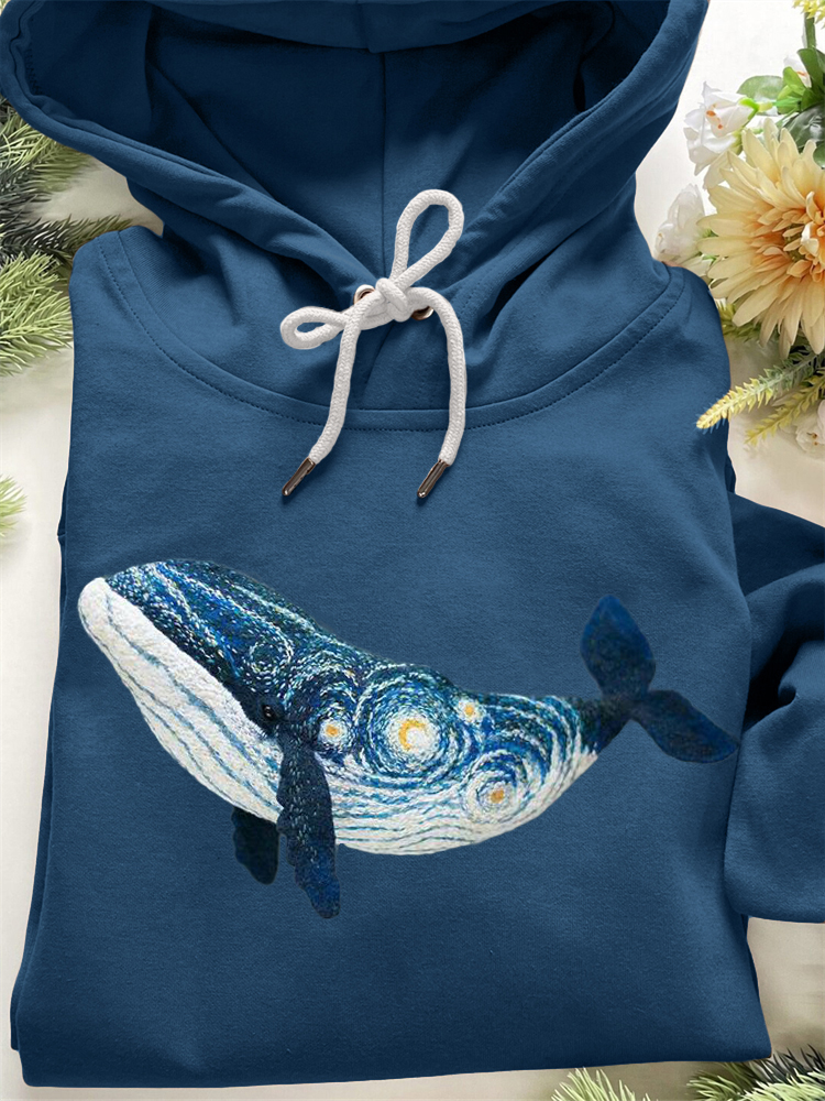 Starry Night Inspired Whale Embroidery Art Cozy Hoodie wearshes