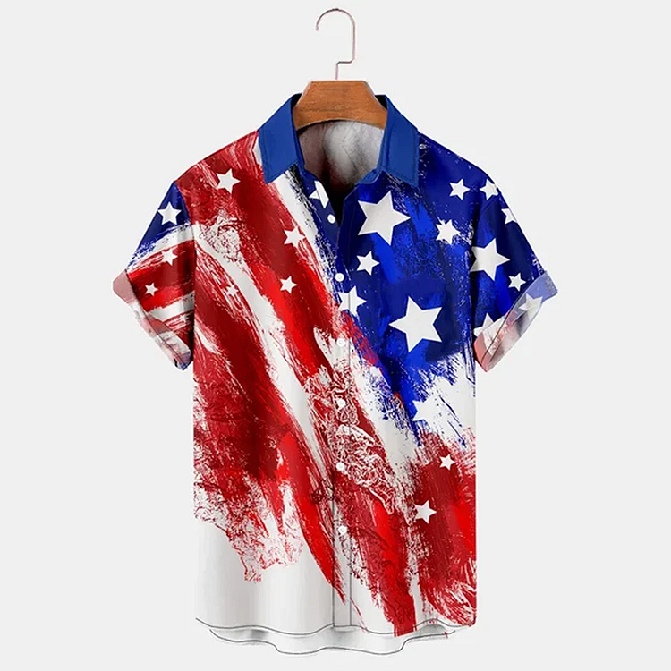 BrosWear Men'S Oil Painting American Flag Casual Plus Size Shirt