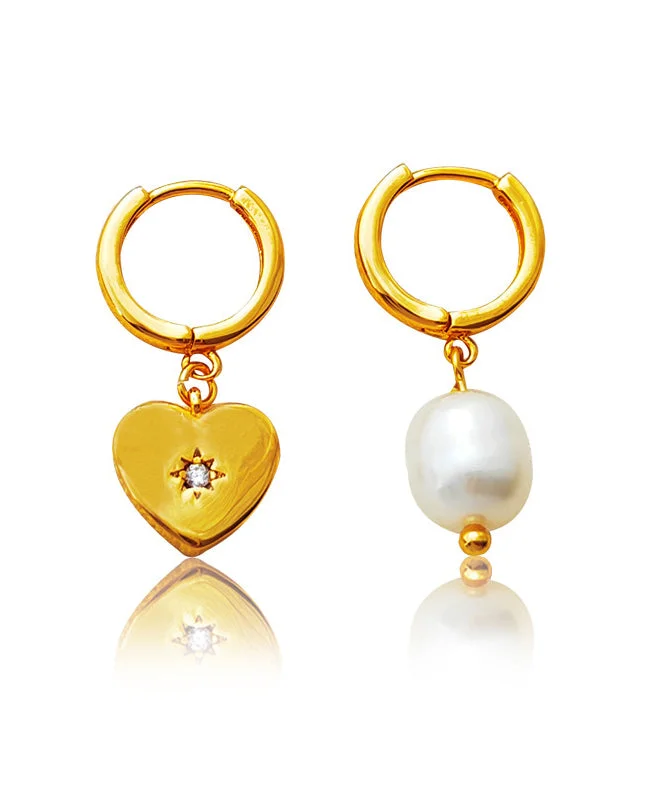 Elegant Aaymmetry Copper Gold Plated Glass Pearl Heart Hoop Earrings