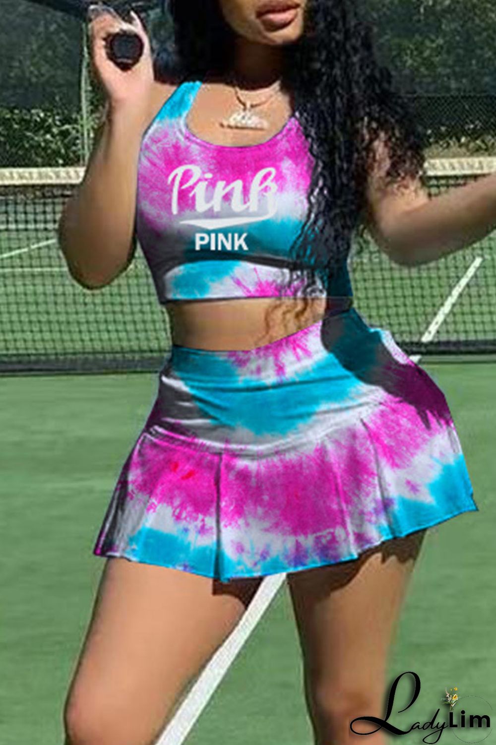 Purplish Blue Sexy Print Patchwork U Neck Sleeveless Two Pieces