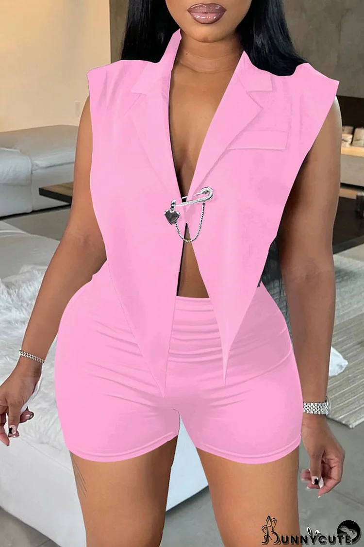 Pink Sexy Solid Backless Asymmetrical V Neck Sleeveless Two Pieces