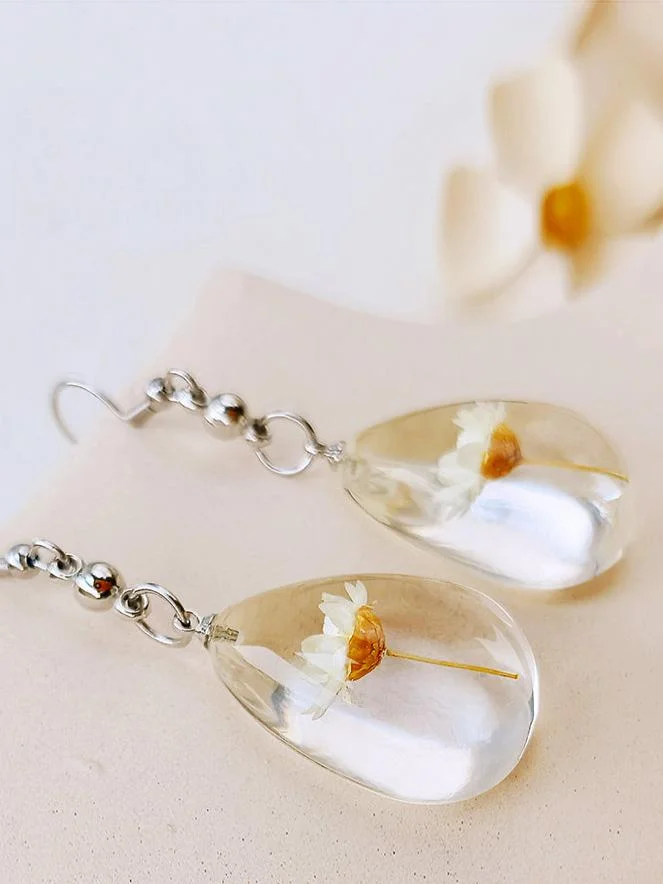 Natural Dahlberg Daisy Dried Flowers of Happiness Water Drop Earrings