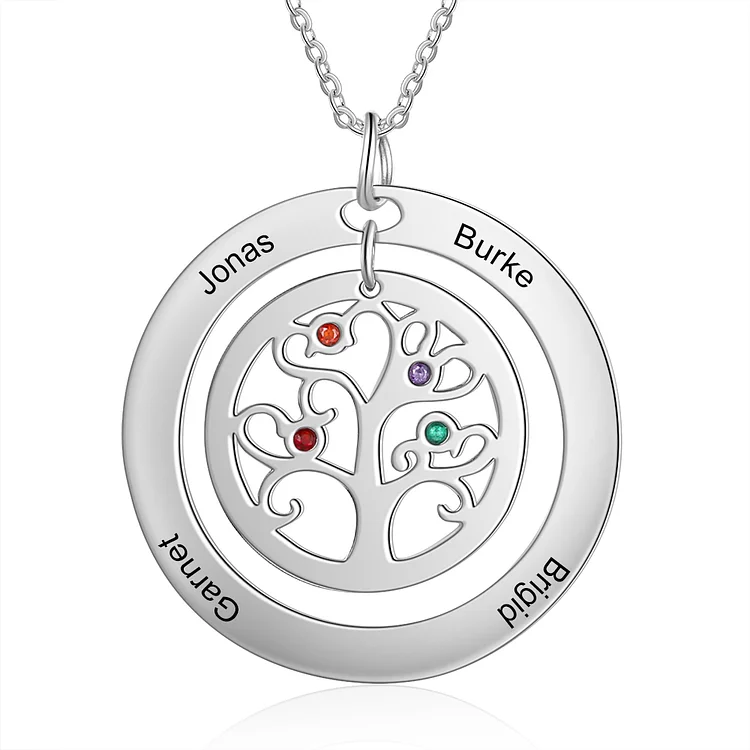 Collar con colgante de árbol de la vida Árbol genealógico 4 nombres con 4 piedras de nacimiento