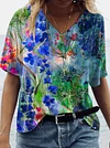 Floral Art Print Tie Dye V-Neck T-Shirt