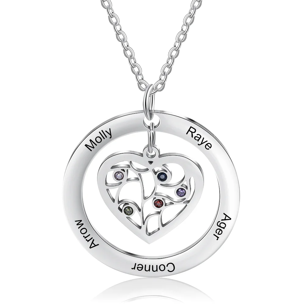 Personalisierte Herz Stammbaum Halskette mit 5 Namen und 5 Geburtssteinen n5-b5 Kettenmachen