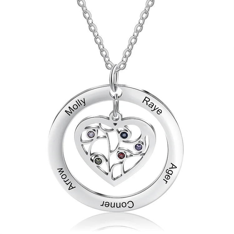 Family Tree Name Necklace with 5 Birthstones Heart Gifts For Mother