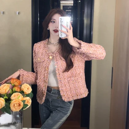 New Autumn and Winter Vintage Pink Tweed Weave Jackets Women Small Fragrance Korean Tassel Tweed Coats Elegant Outerwear Tops