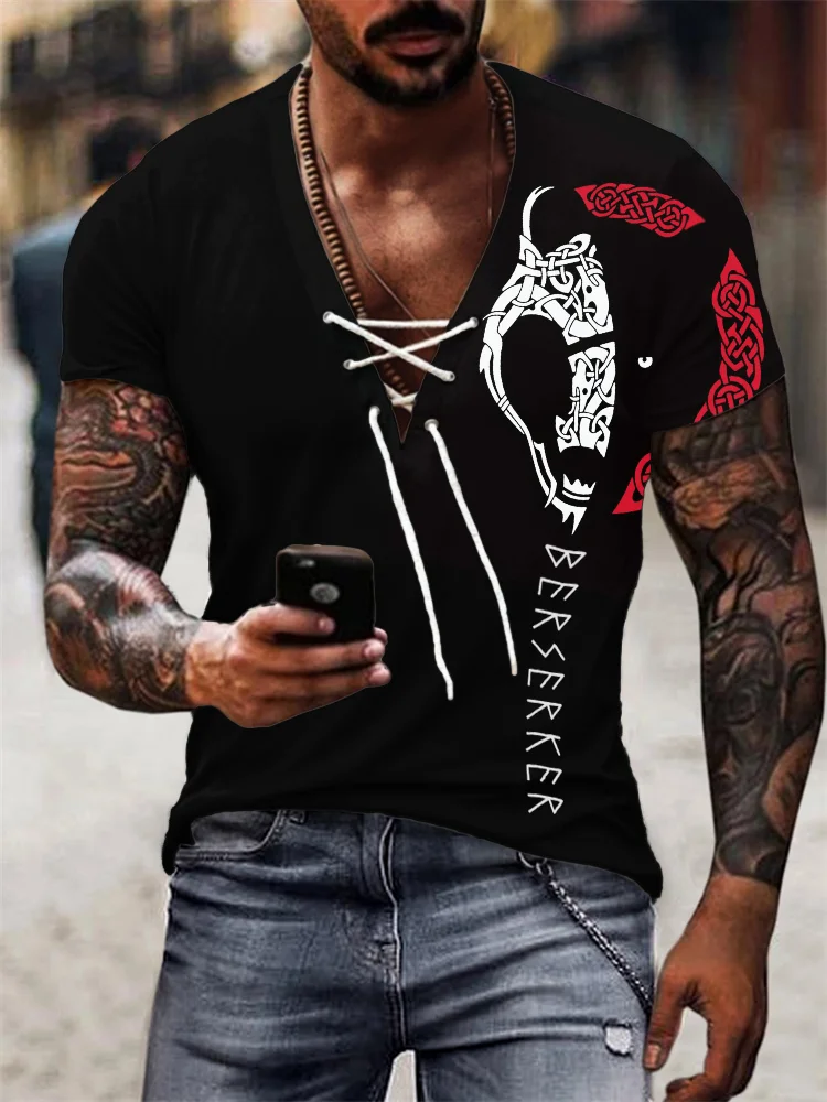 Wearshes Men's Berserker Celtic Bear Graphic Lace Up T Shirt