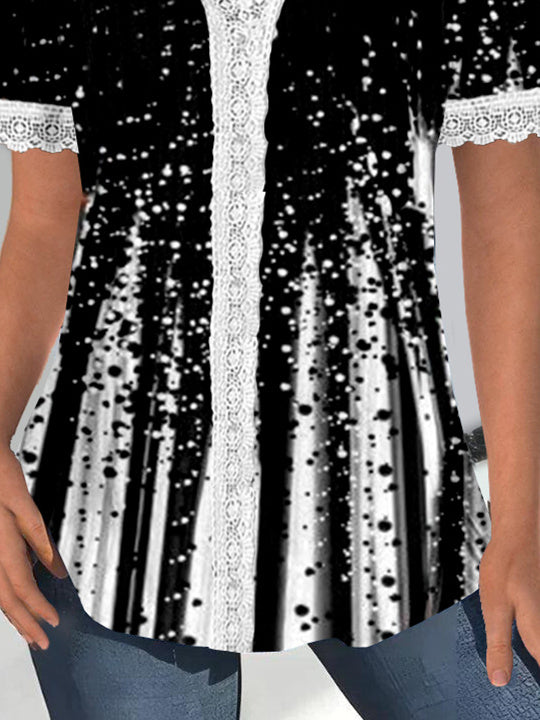 Women Short Sleeve V-neck Floral Printed Graphic Lace Tops