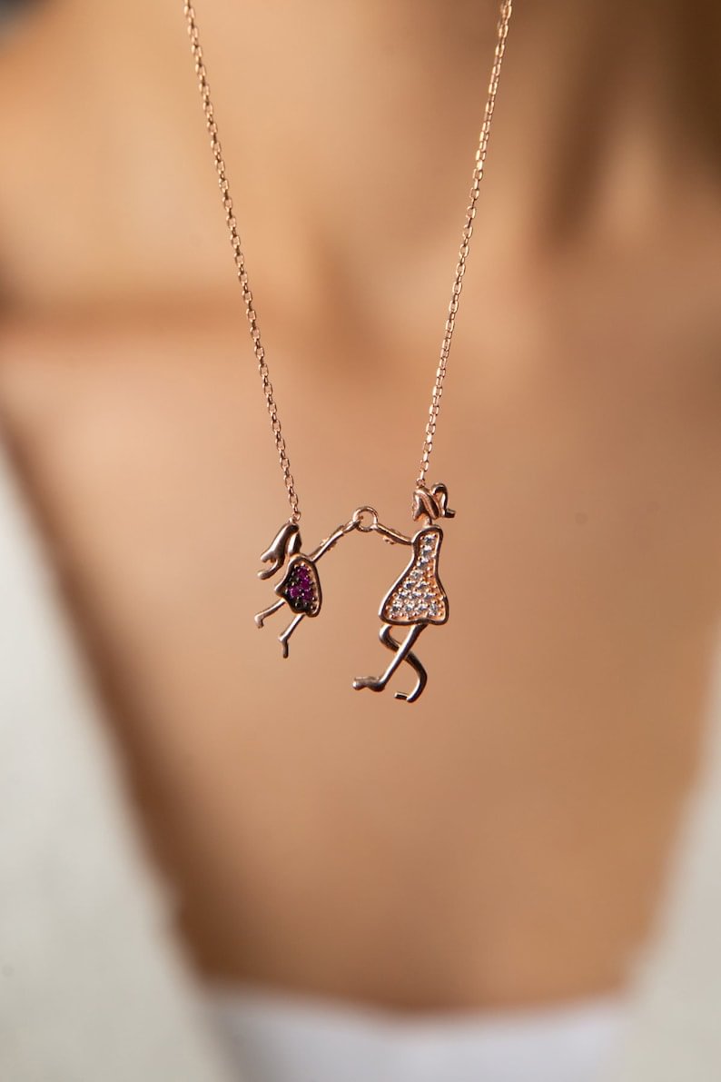 Dainty Mother Child Necklace, 14K Gold Mother and Daughter Necklace, 925 Silver Rose Gold Plated Necklace, Gift for Mom, Mother's Day Gift