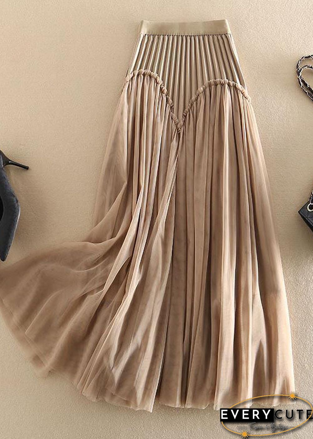 Original Design Khaki High Waist Ruffled Patchwork Tulle Pleated Skirts Spring