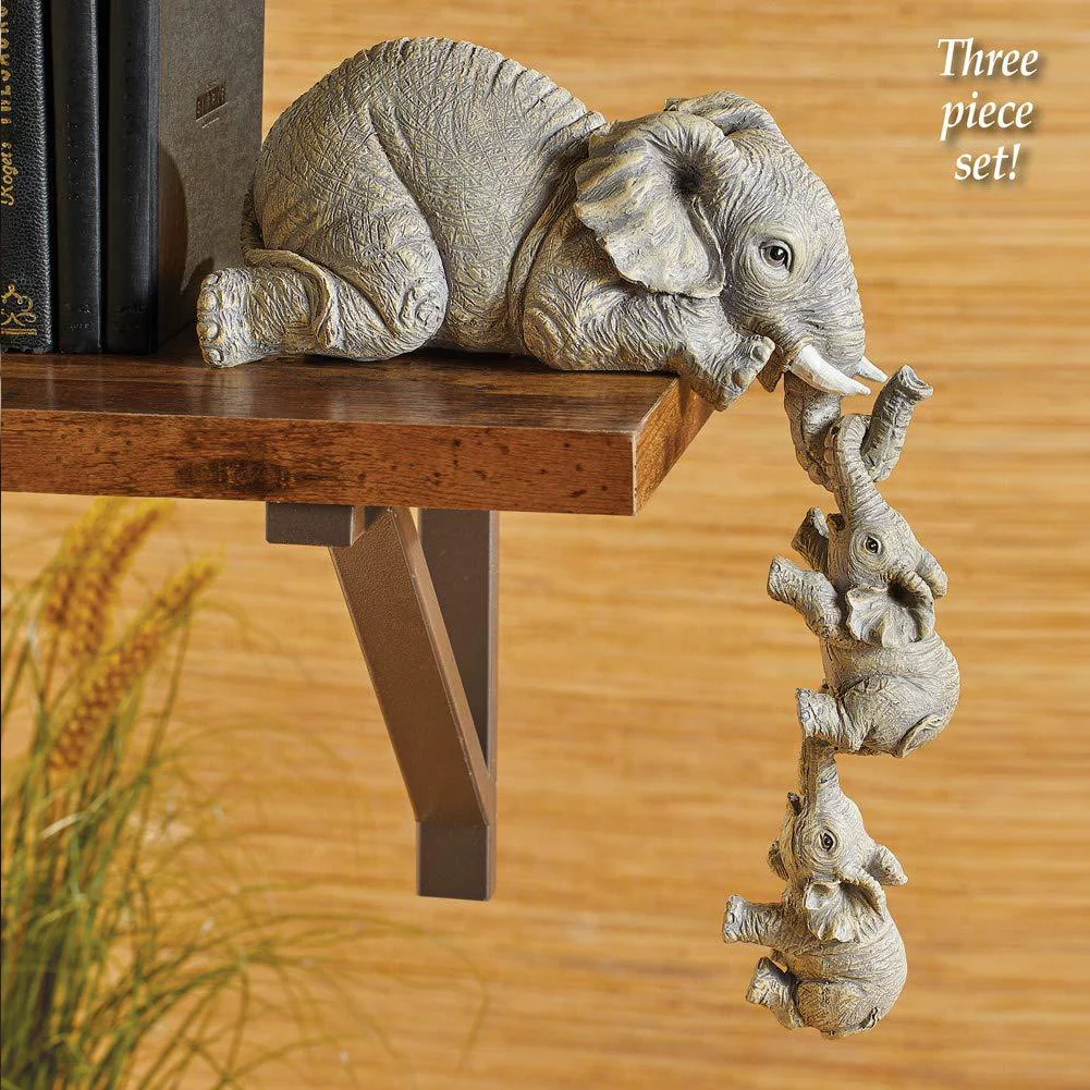 3-piece Elephant Mothers Hanging 2-Babies Figurine Resin Craft Ornaments