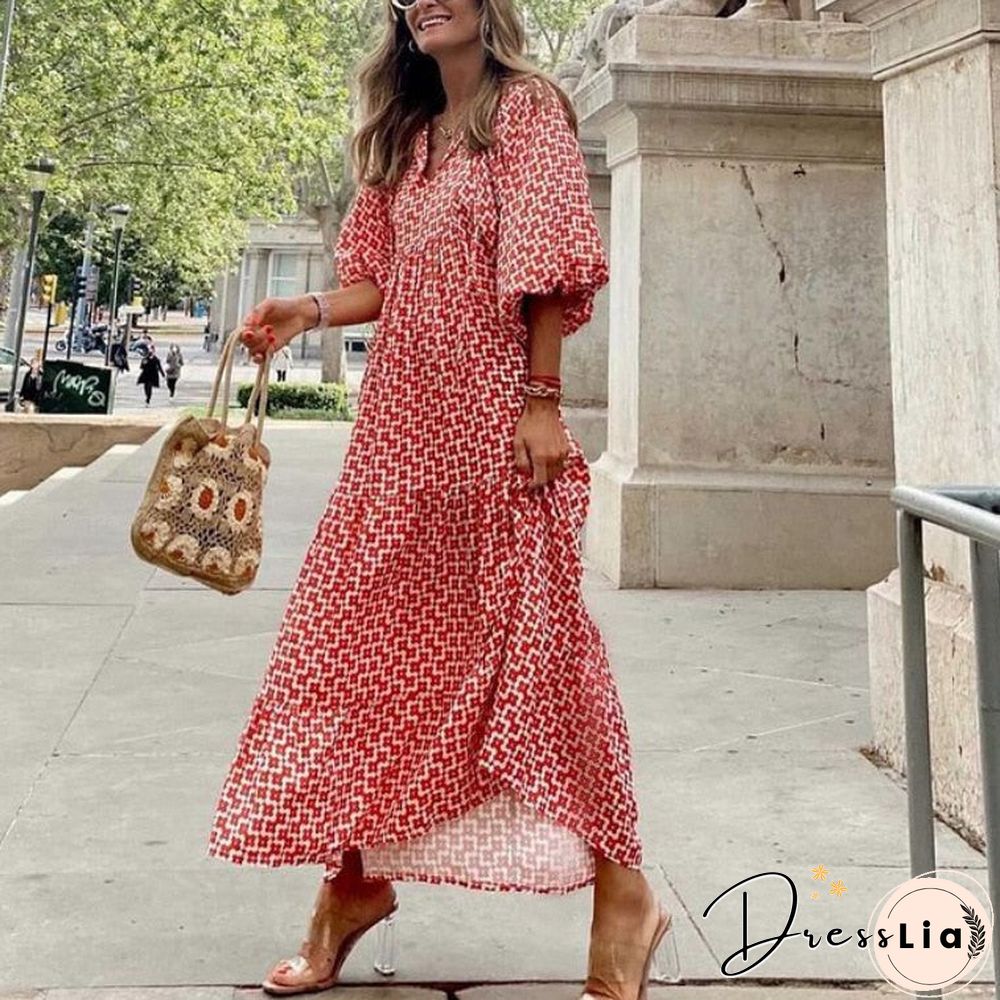 Lantern Sleeve Printing Long Dresses Women Summer Fashion V Neck Ankle-length Geometric Collage Dress Loose Boho Beach Dresses