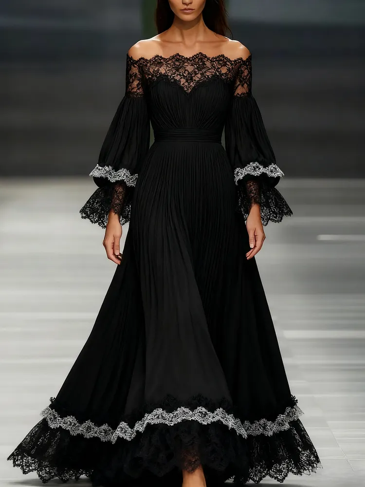 Women's off-the-shoulder long-sleeved green chiffon dress