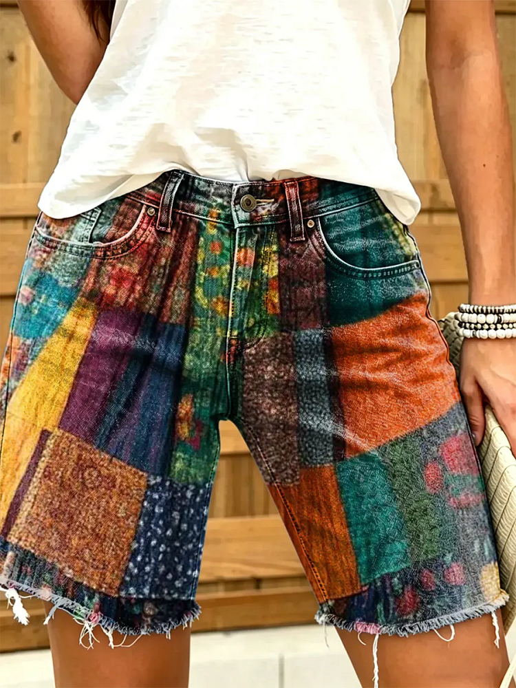 Women's Hippie Floral Patchwork Art Print Fashion Denim Shorts