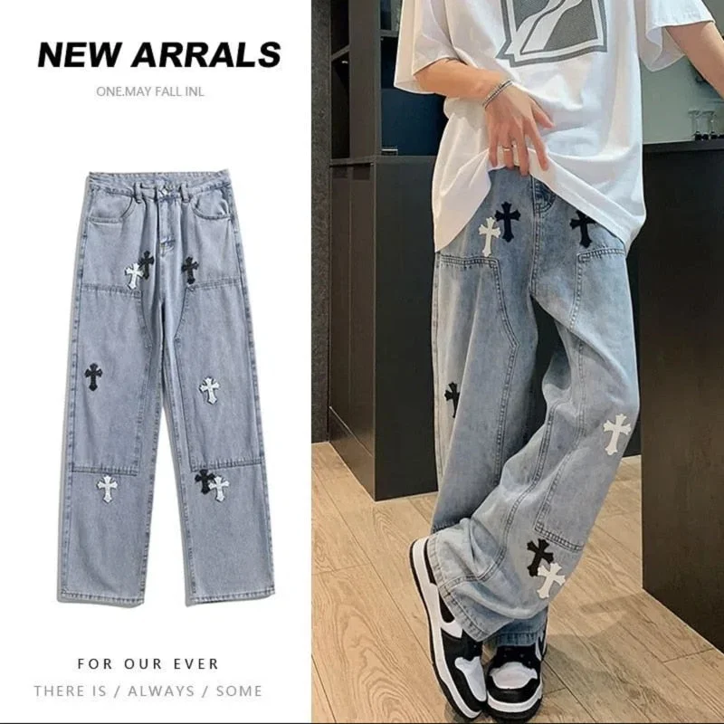 Aonga Men's Jeans Wide Leg Denim Straight Men Jeans Man Jeans Casual Pants Cross Jeans High Street Jeans High Waist Jeans For Men aonga
