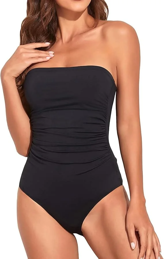 Women Tummy Control One Piece Swimsuits Strapless Bandeau Bathing Suits Slimming Halter Swimwear
