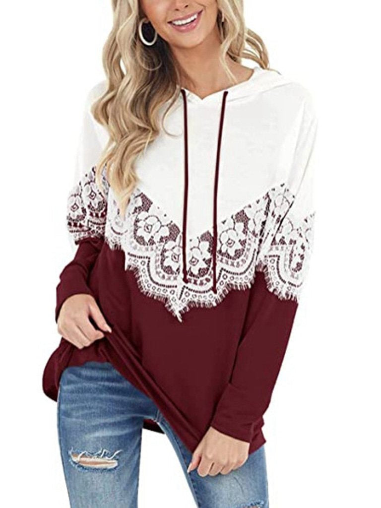 Women's Scoop Neck Long Sleeve Lace Color Matching Hooded Sweater Top