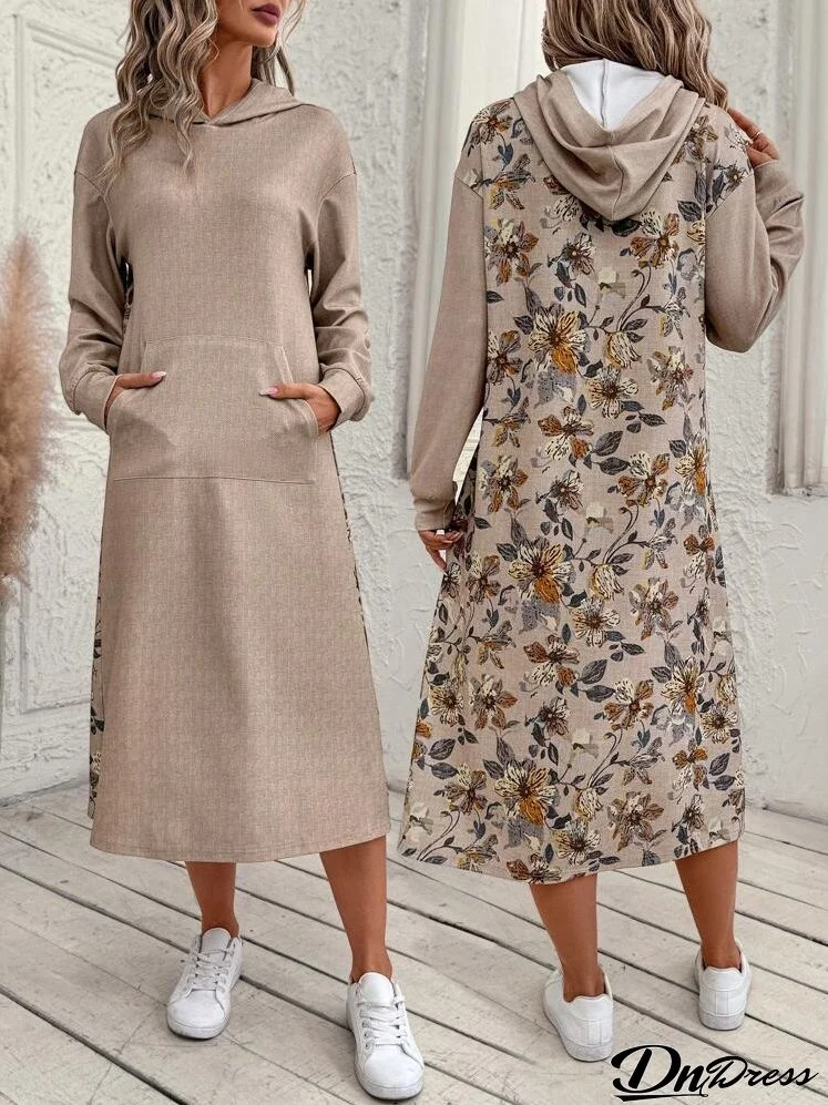 Women Autumn Floral Print Drop Shoulder Long Sleeve Pocket Long Casual Hooded Sweatshirt Dress