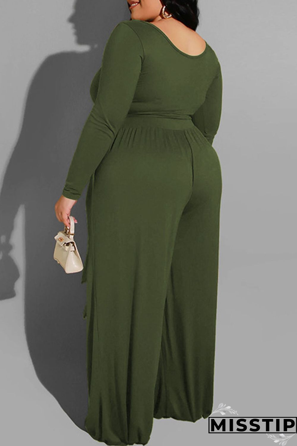 Brown Casual Solid With Belt O Neck Plus Size Two Pieces