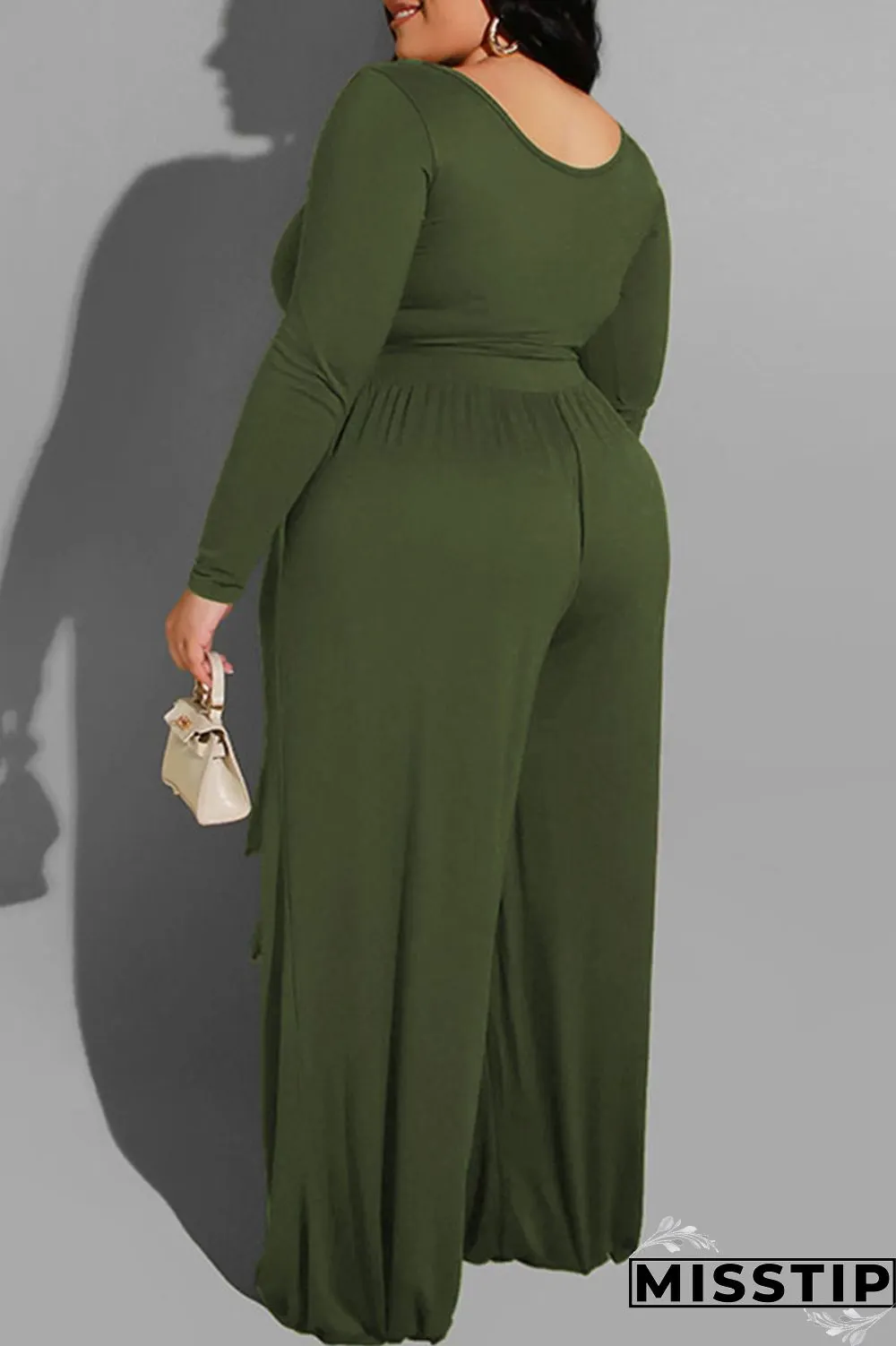 Brown Casual Solid With Belt O Neck Plus Size Two Pieces