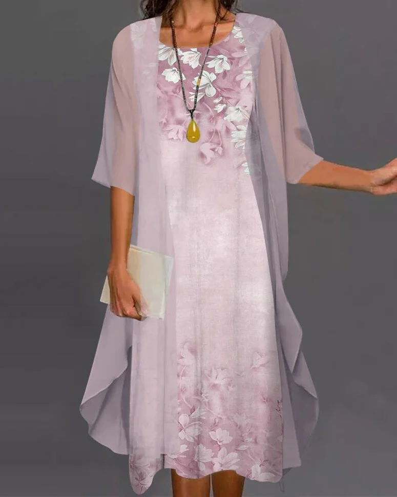 Stylish Elegant Chiffon Print Dress Two-Piece Set