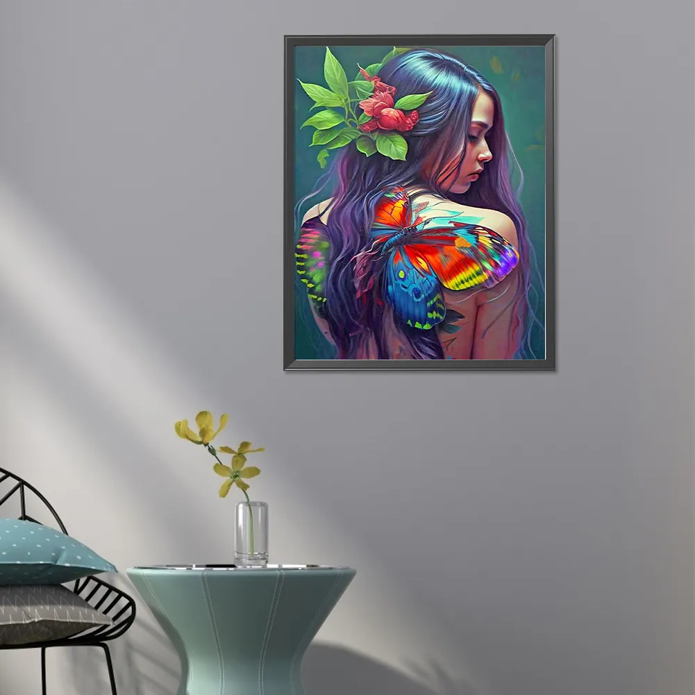 Full Round Diamond Painting 40*50cm - Girl With Butterfly Painting On Back