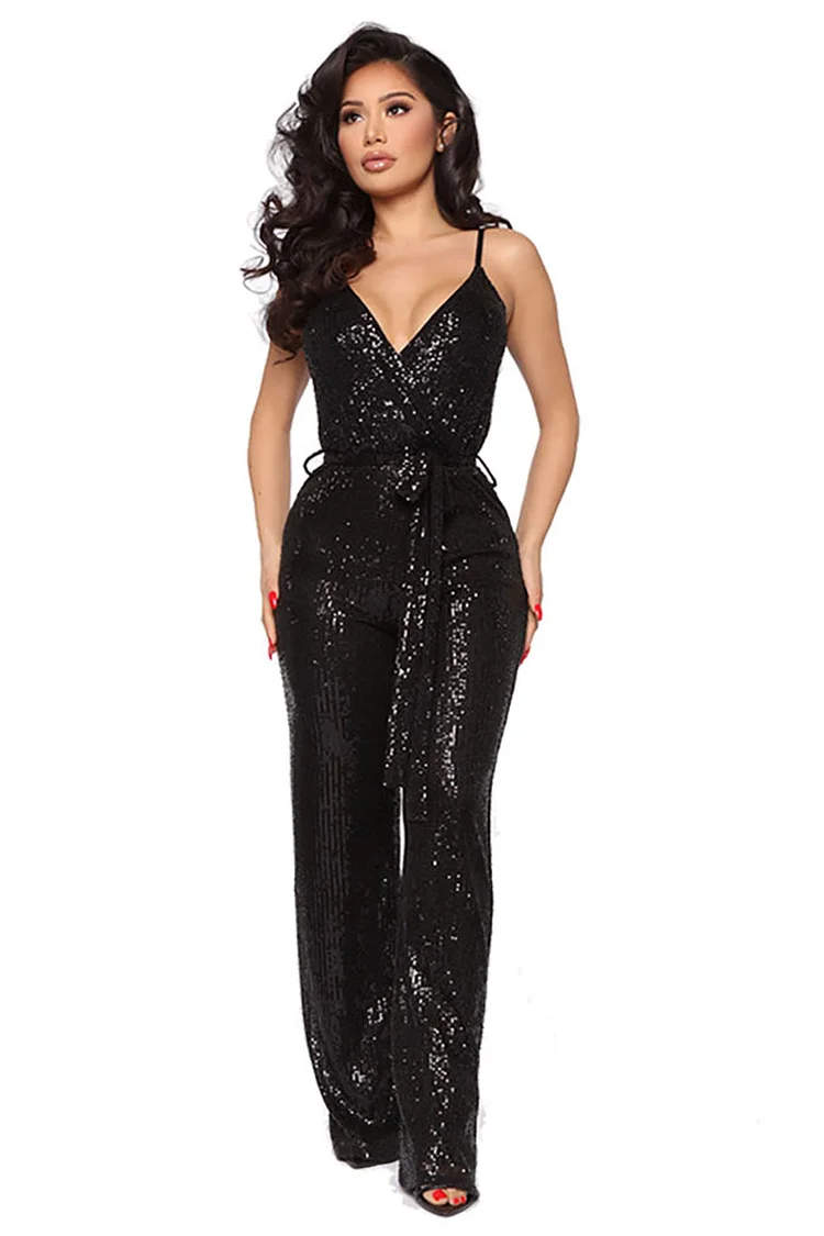 Sequin V Neck Cami Backless Knotted Party Jumpsuit