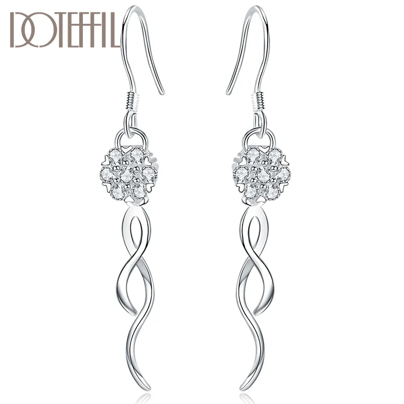 DOTEFFIL 925 Sterling Silver Round Ball 8mm Zircon Drop Earring For Women Jewelry