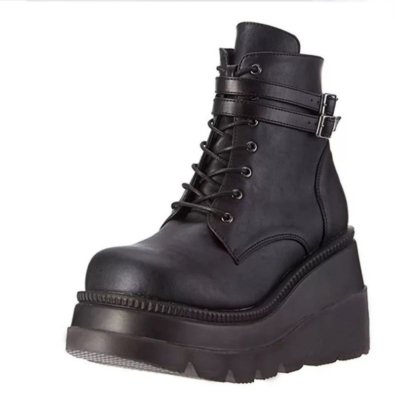 Classics Round Toe Platform Lace Up Zipper Wedge Ankle Boots