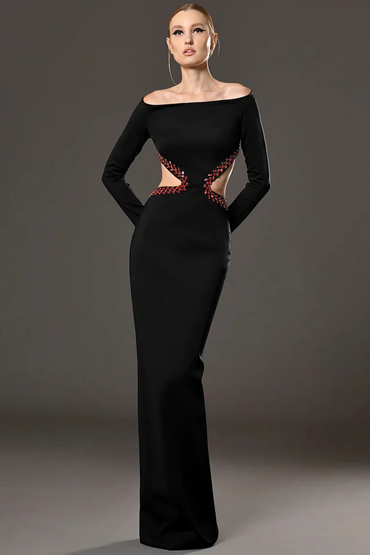 Off Shoulder Long Sleeve Rhinestone Cut Out Waist Maxi Dress-Black
